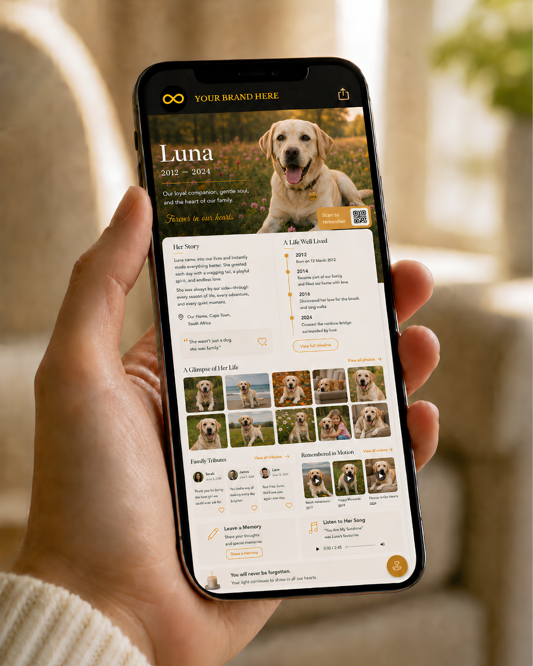 A digital pet memorial page displayed on a smartphone